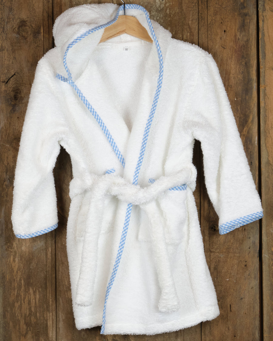 Badjas voor peuters van badstof, wit met blauw, voorkant