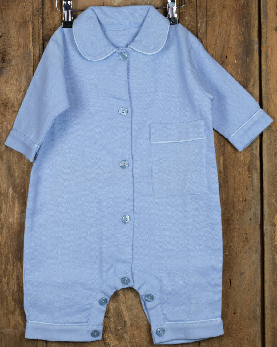 Eendelige flanellen babypyjama in effen blauw, voorkant