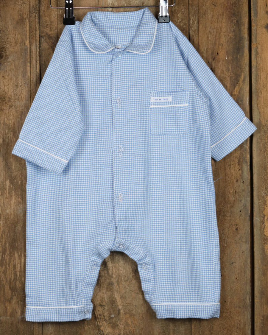 Eendelige flanellen babypyjama in blauwe ruit, voorkant