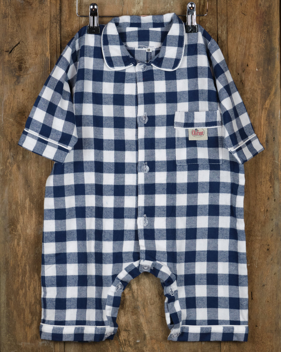 Eendelige flanellen babypyjama in grote donkerblauw-witte ruit, voorkant