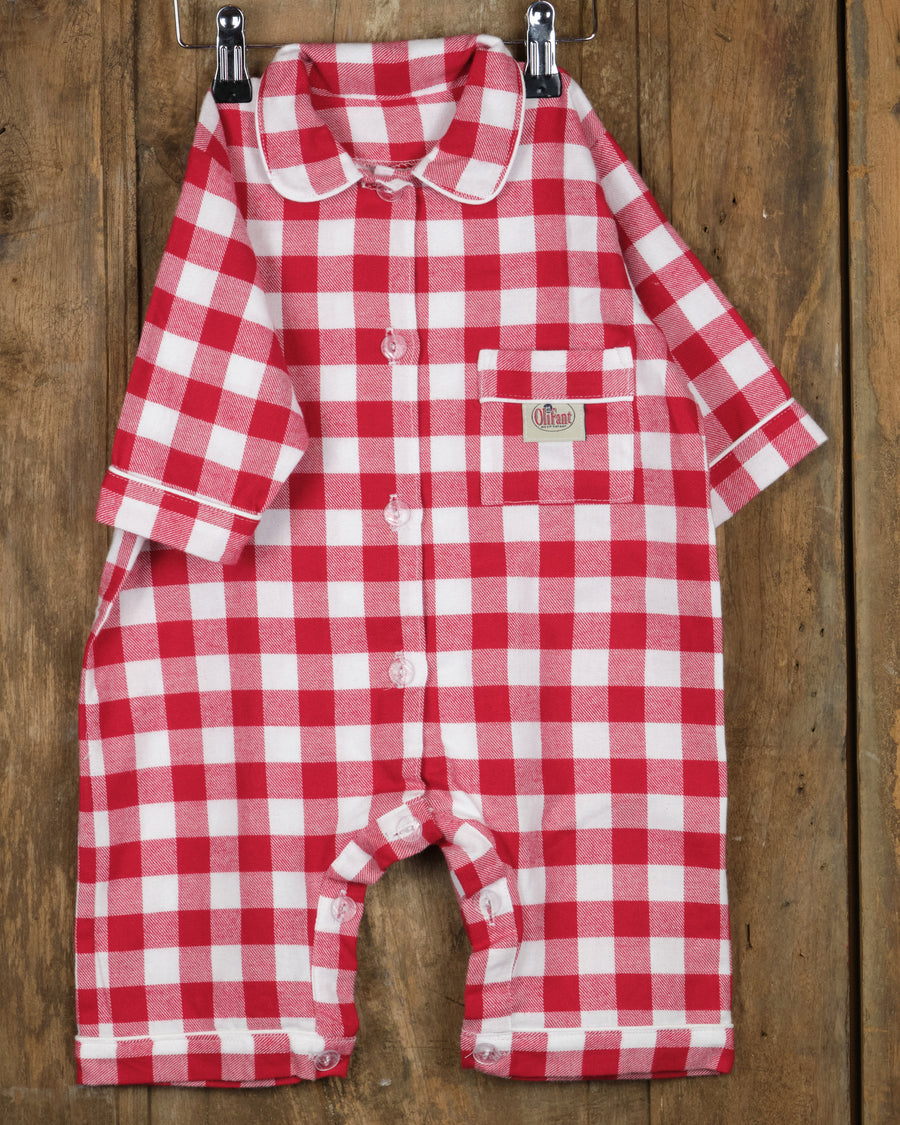 Eendelige flanellen babypyjama in grote rood-witte ruit, voorkant
