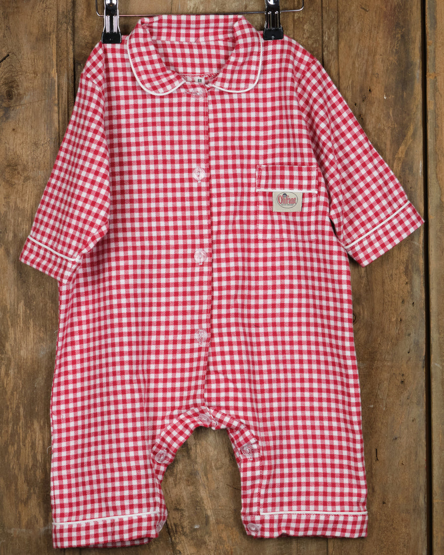 Eendelige flanellen babypyjama in rood-witte ruit, voorkant