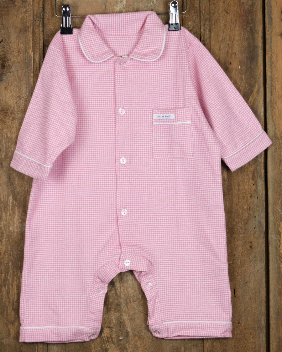 Eendelige flanellen babypyjama in roze ruit, voorkant