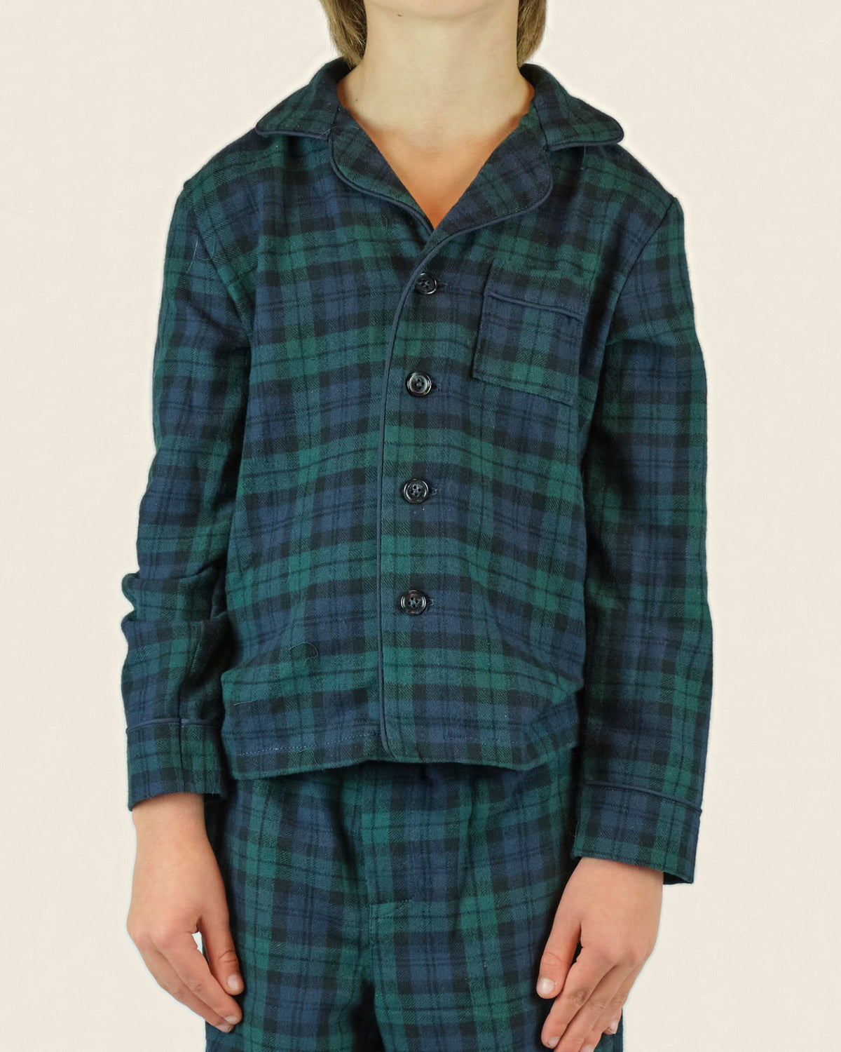 Flanellen kinderpyjama in groene ruit, jasje met kraag en knopen