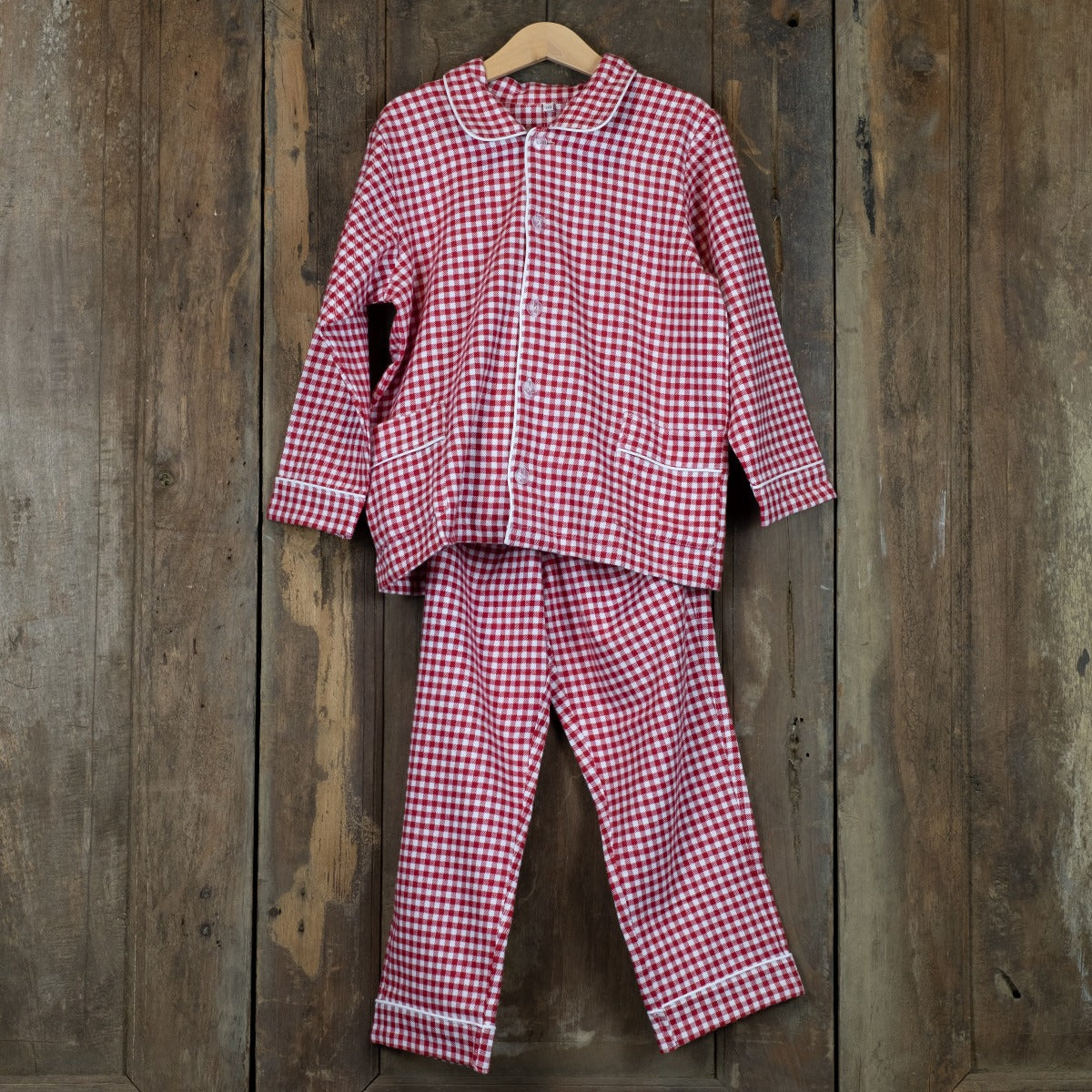 Flanellen kinderpyjama in kleine rood-witte ruit
